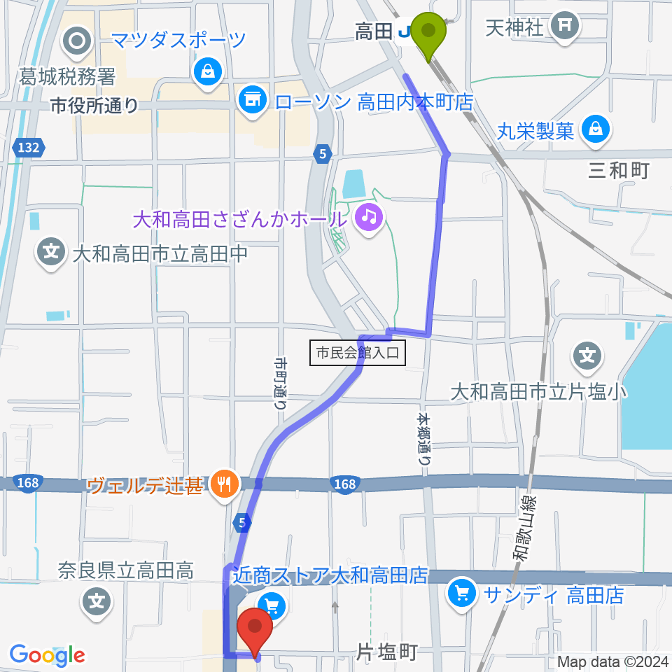 高田駅から末吉楽器店へのルートマップ地図