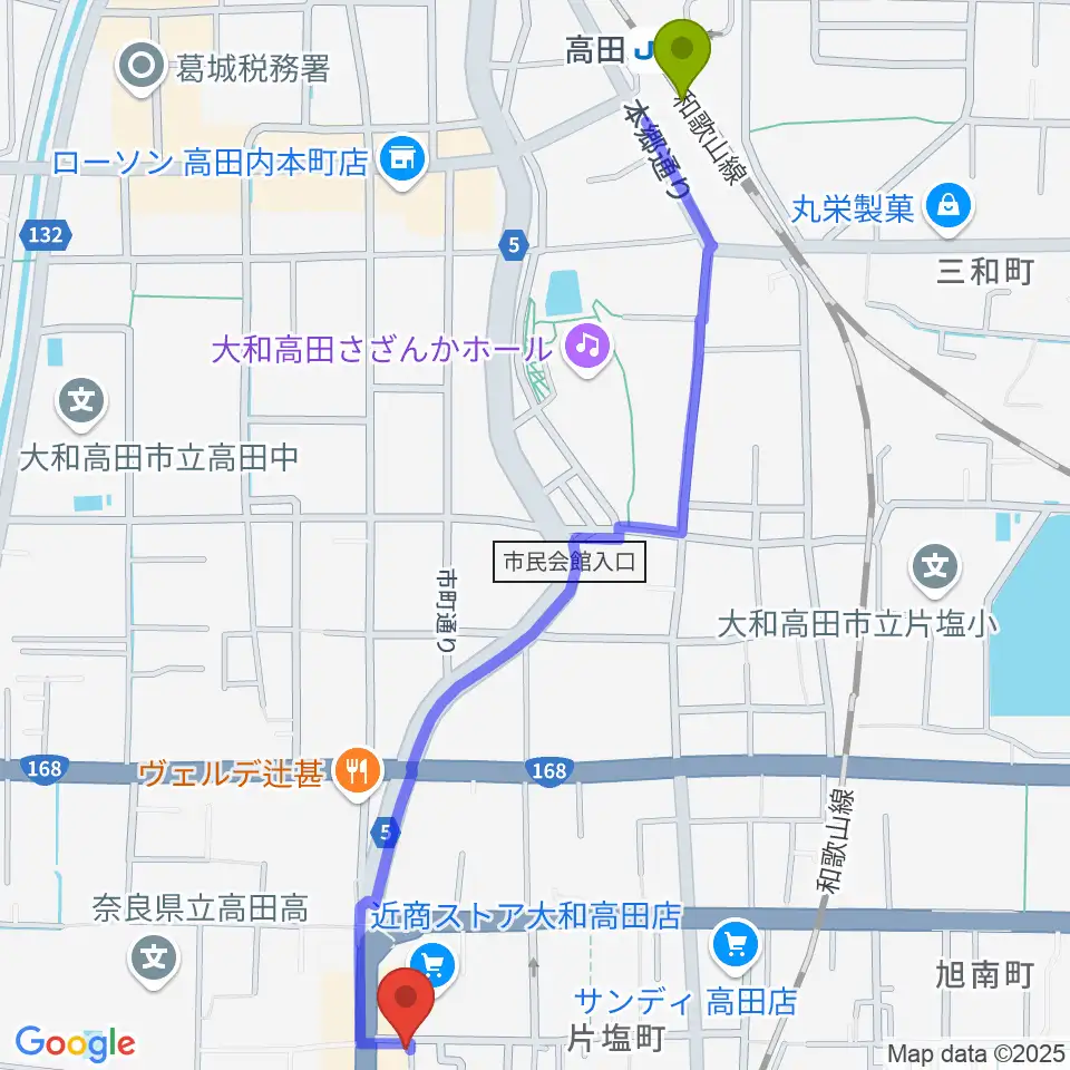 高田駅から末吉楽器店へのルートマップ地図