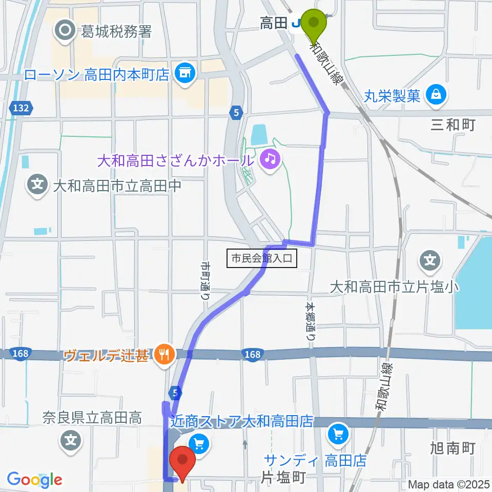 高田駅から末吉楽器店へのルートマップ地図