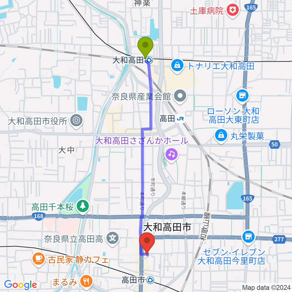 大和高田駅から末吉楽器店へのルートマップ地図