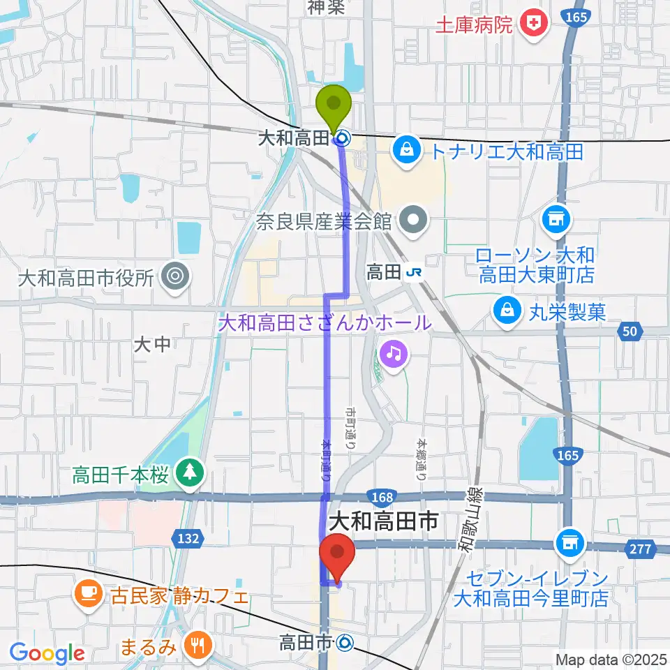 大和高田駅から末吉楽器店へのルートマップ地図