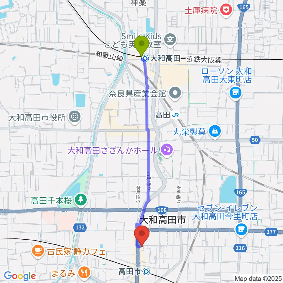 大和高田駅から末吉楽器店へのルートマップ地図