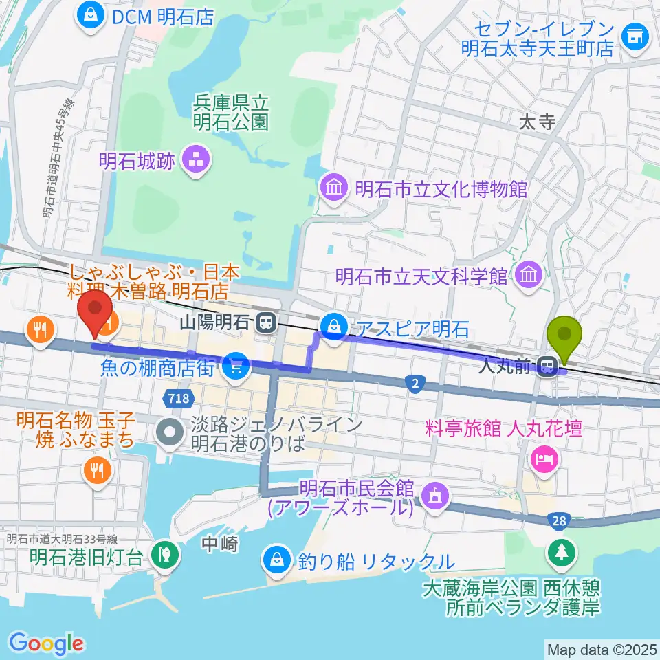 人丸前駅からスガナミ楽器 明石店へのルートマップ地図