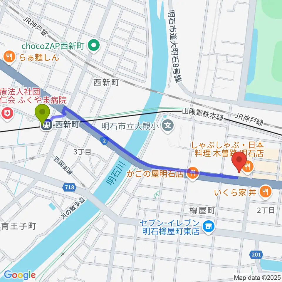 西新町駅からスガナミ楽器 明石店へのルートマップ地図