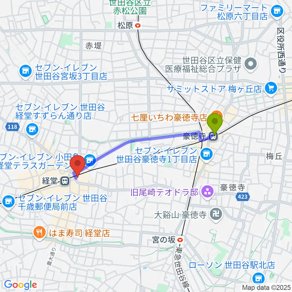 豪徳寺駅からスガナミ楽器経堂店・グランドピアノサロンへのルートマップ地図