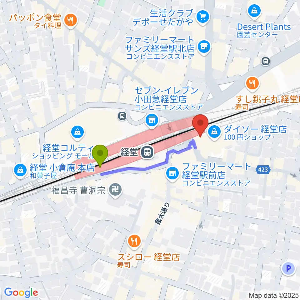 スガナミ楽器経堂店・グランドピアノサロンの最寄駅経堂駅からの徒歩ルート（約3分）地図