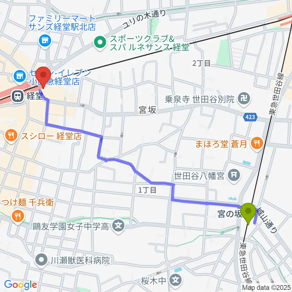 宮の坂駅からスガナミ楽器経堂店・グランドピアノサロンへのルートマップ地図