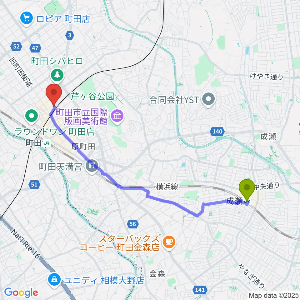 成瀬駅からスガナミ楽器 町田店へのルートマップ地図