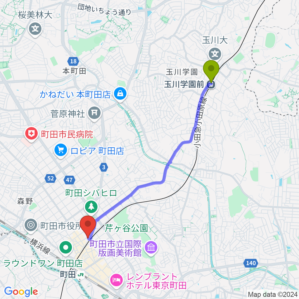 玉川学園前駅からスガナミ楽器 町田店へのルートマップ地図