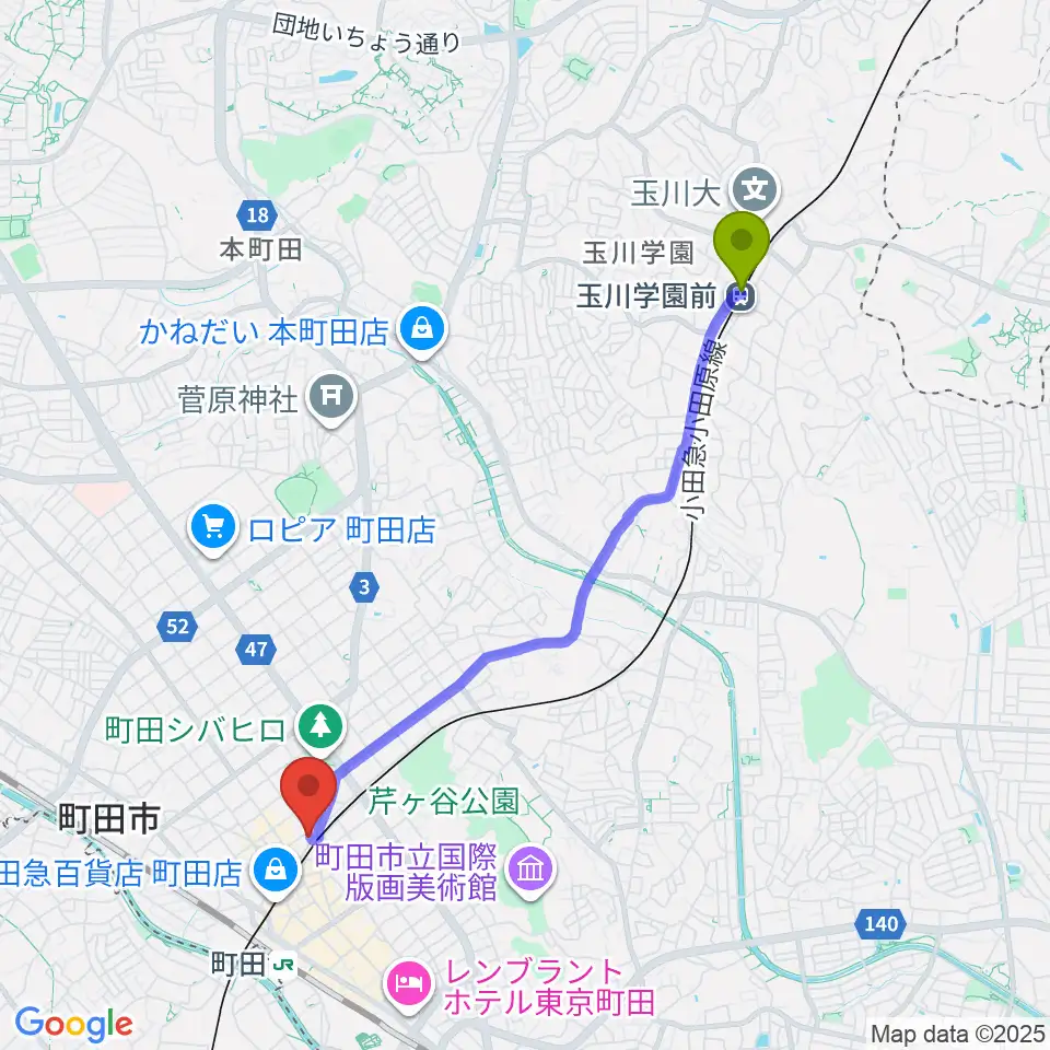 玉川学園前駅からスガナミ楽器 町田店へのルートマップ地図