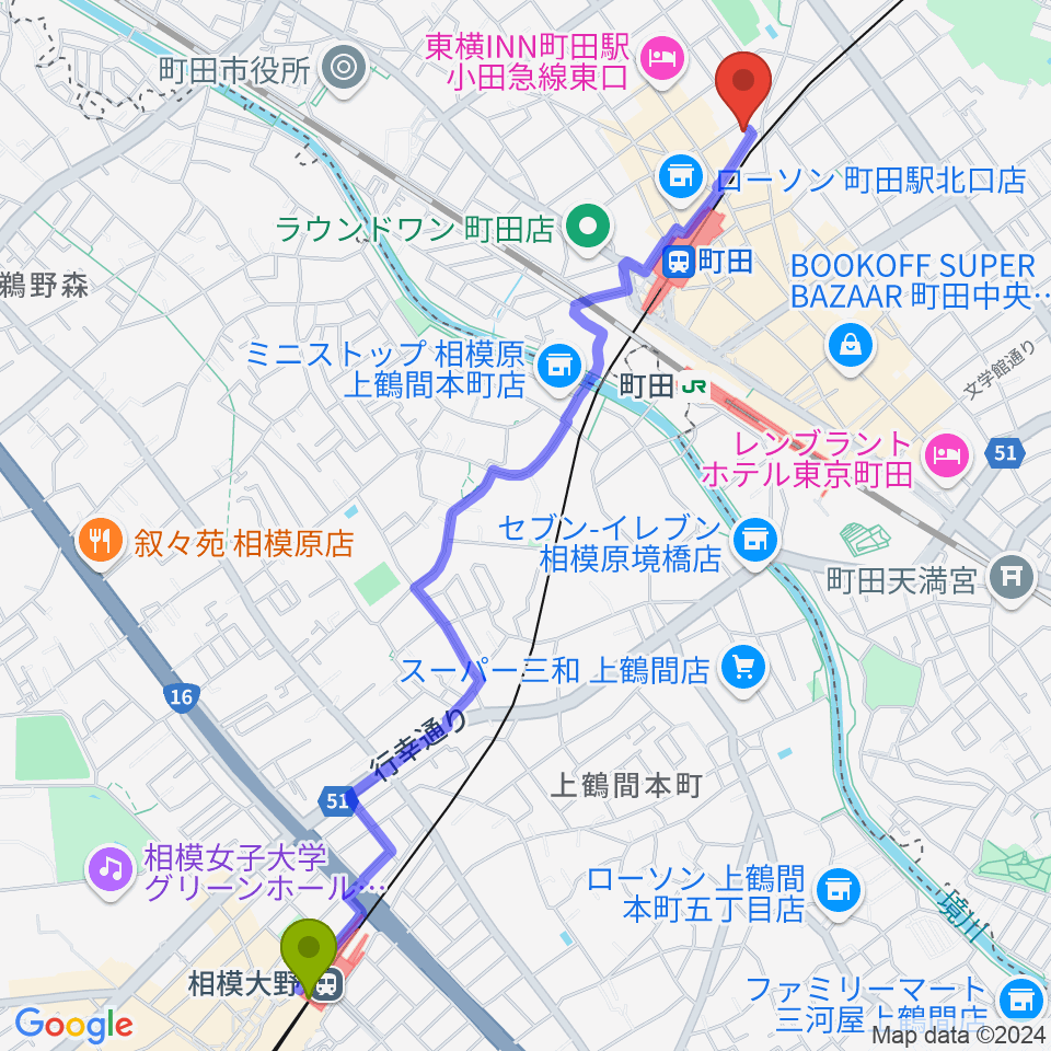 相模大野駅からスガナミ楽器 町田店へのルートマップ地図