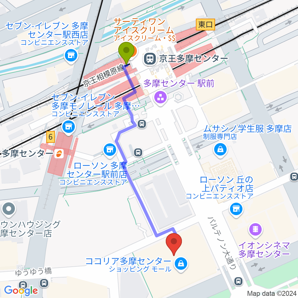 スガナミ楽器 多摩店の最寄駅京王多摩センター駅からの徒歩ルート（約5分）地図