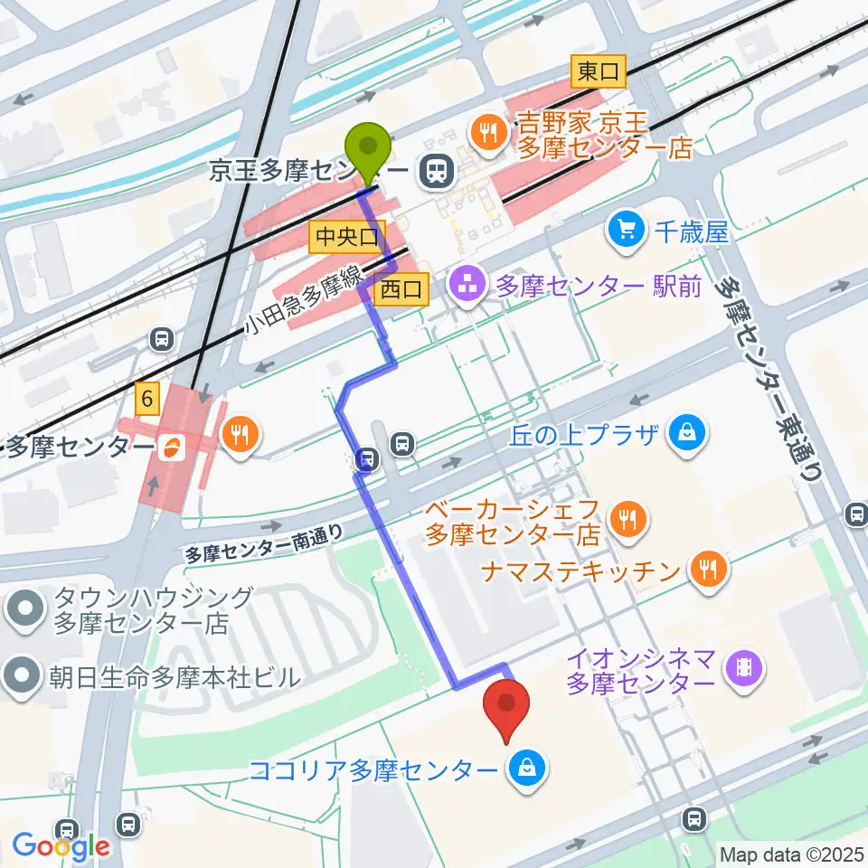 スガナミ楽器 多摩店の最寄駅京王多摩センター駅からの徒歩ルート（約5分）地図
