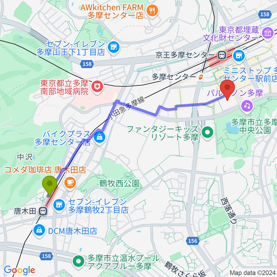 唐木田駅からスガナミ楽器 多摩店へのルートマップ地図