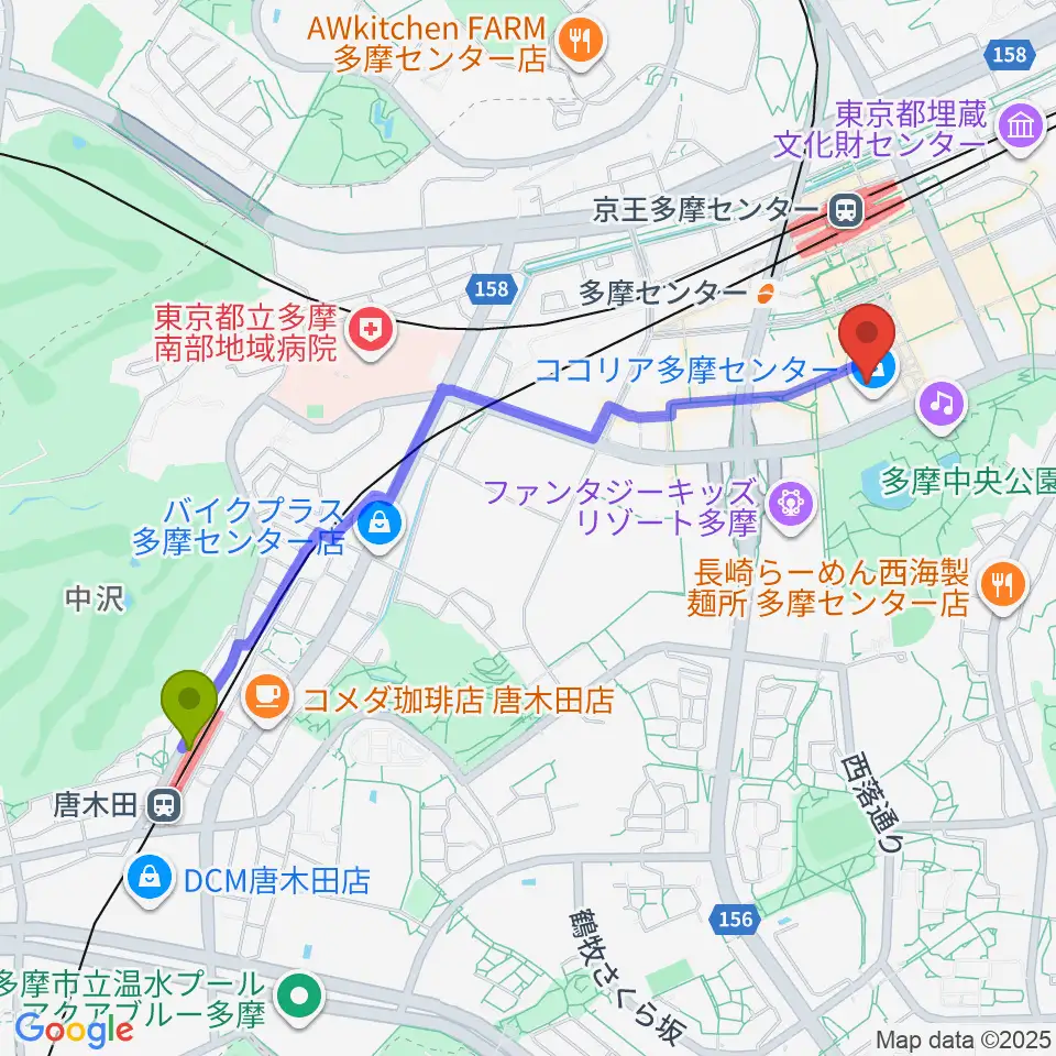 唐木田駅からスガナミ楽器 多摩店へのルートマップ地図