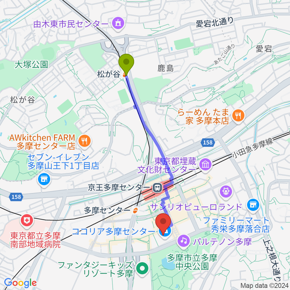 松が谷駅からスガナミ楽器 多摩店へのルートマップ地図