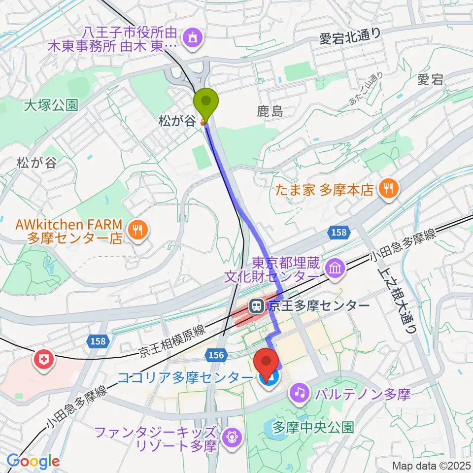 松が谷駅からスガナミ楽器 多摩店へのルートマップ地図