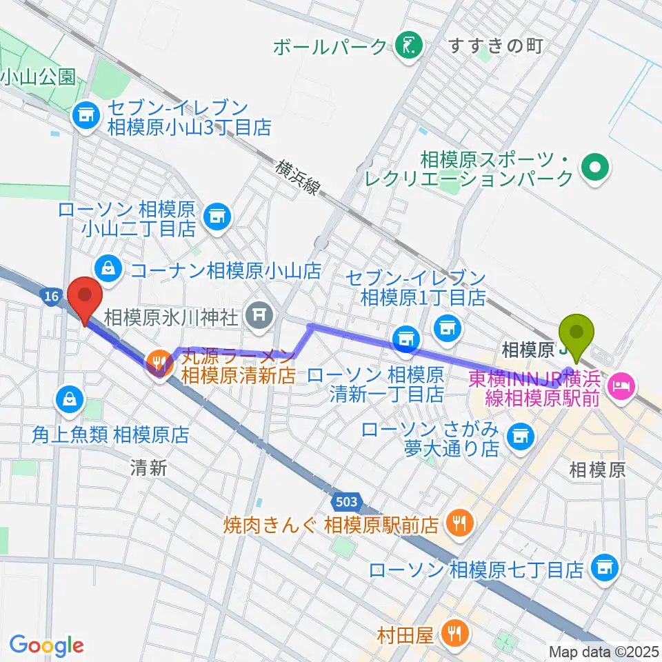 相模原駅からスガナミ楽器 南橋本店へのルートマップ地図