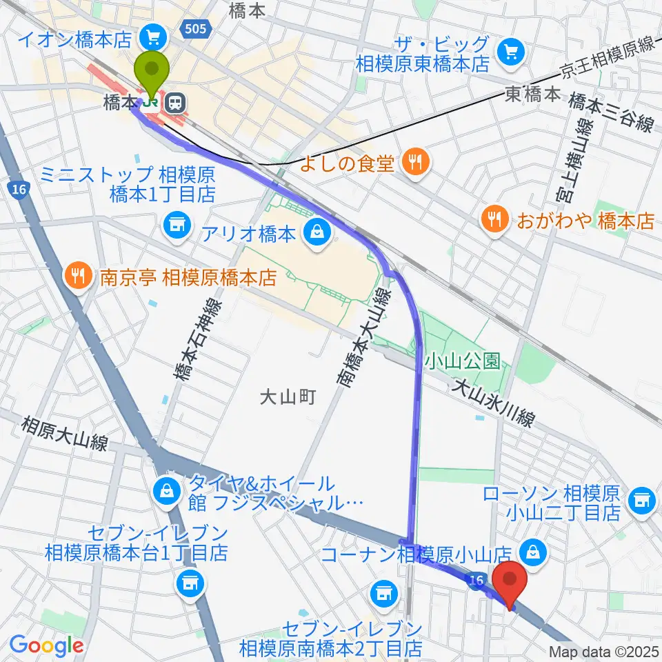 橋本駅からスガナミ楽器 南橋本店へのルートマップ地図