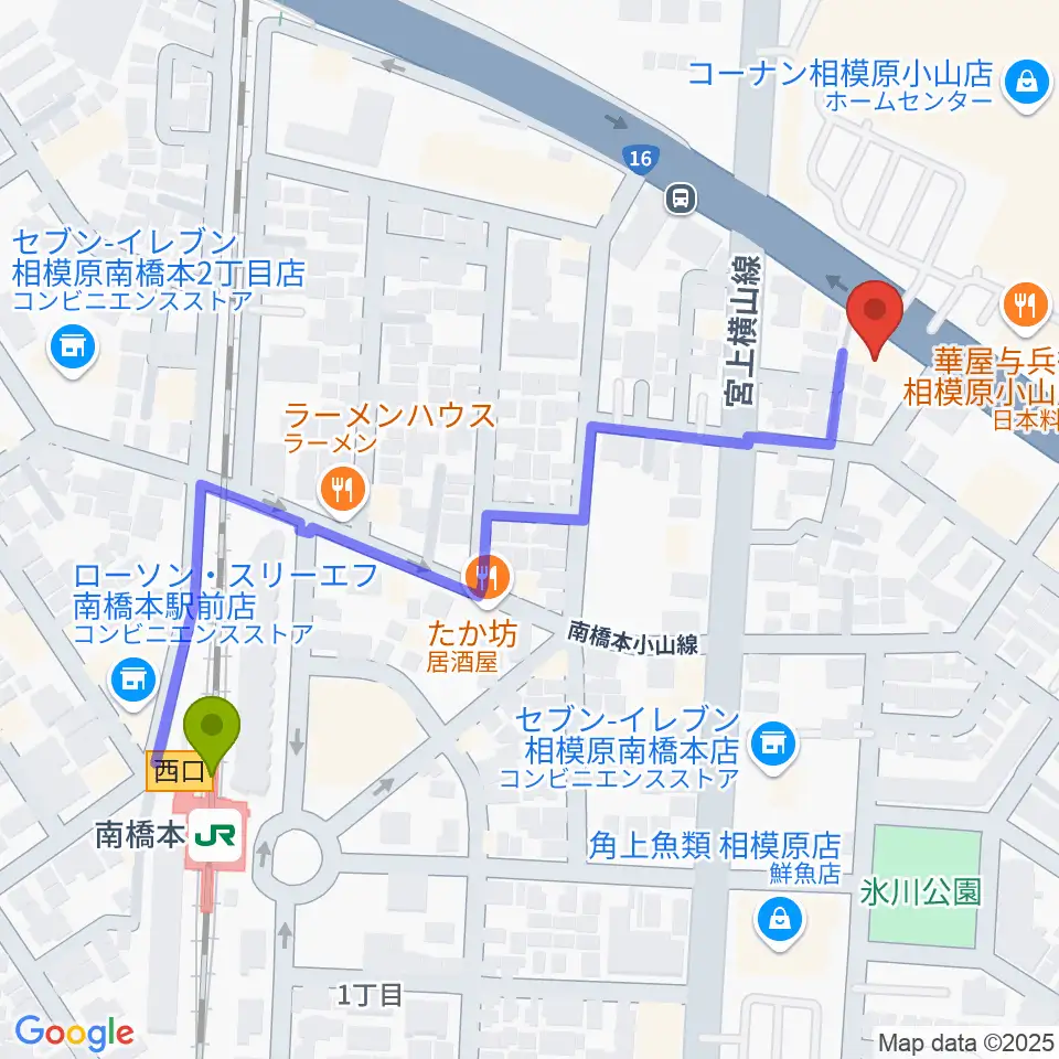 スガナミ楽器 南橋本店の最寄駅南橋本駅からの徒歩ルート（約6分）地図