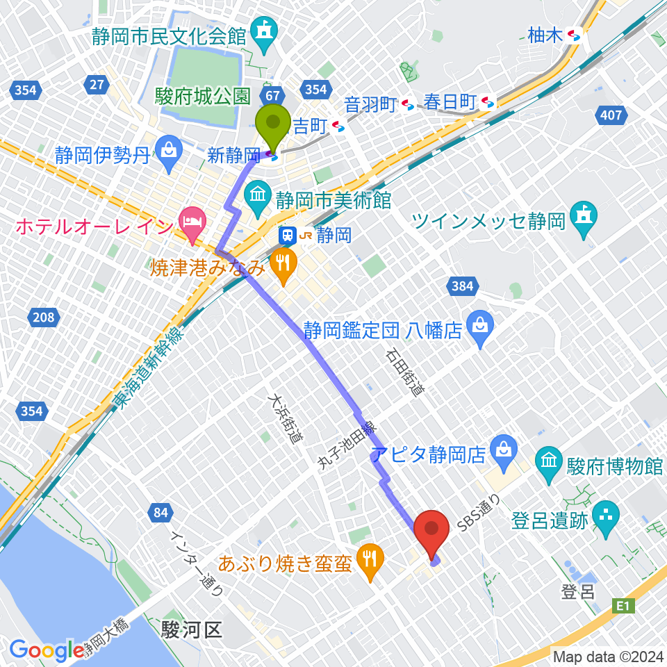 新静岡駅からすみやグッディSBS通り店へのルートマップ地図