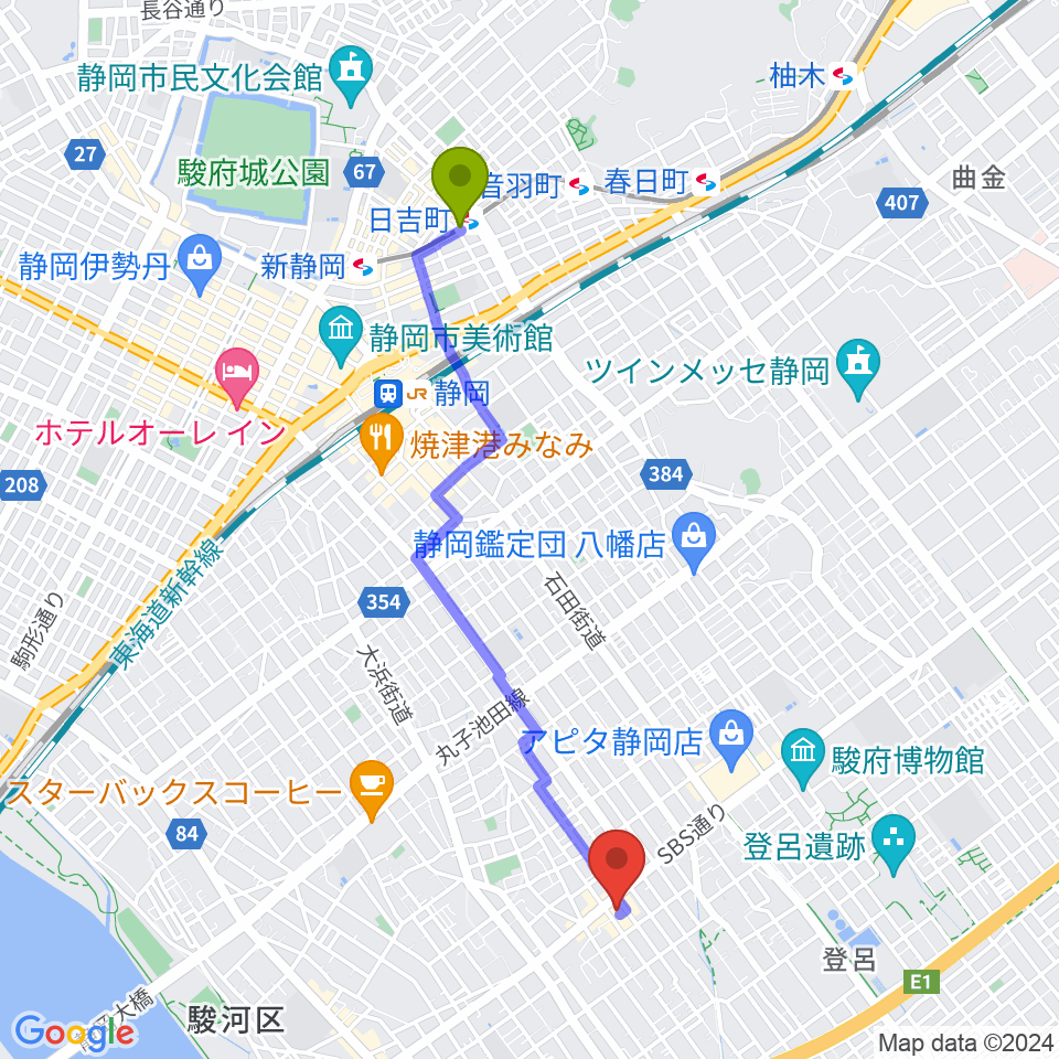 日吉町駅からすみやグッディSBS通り店へのルートマップ地図