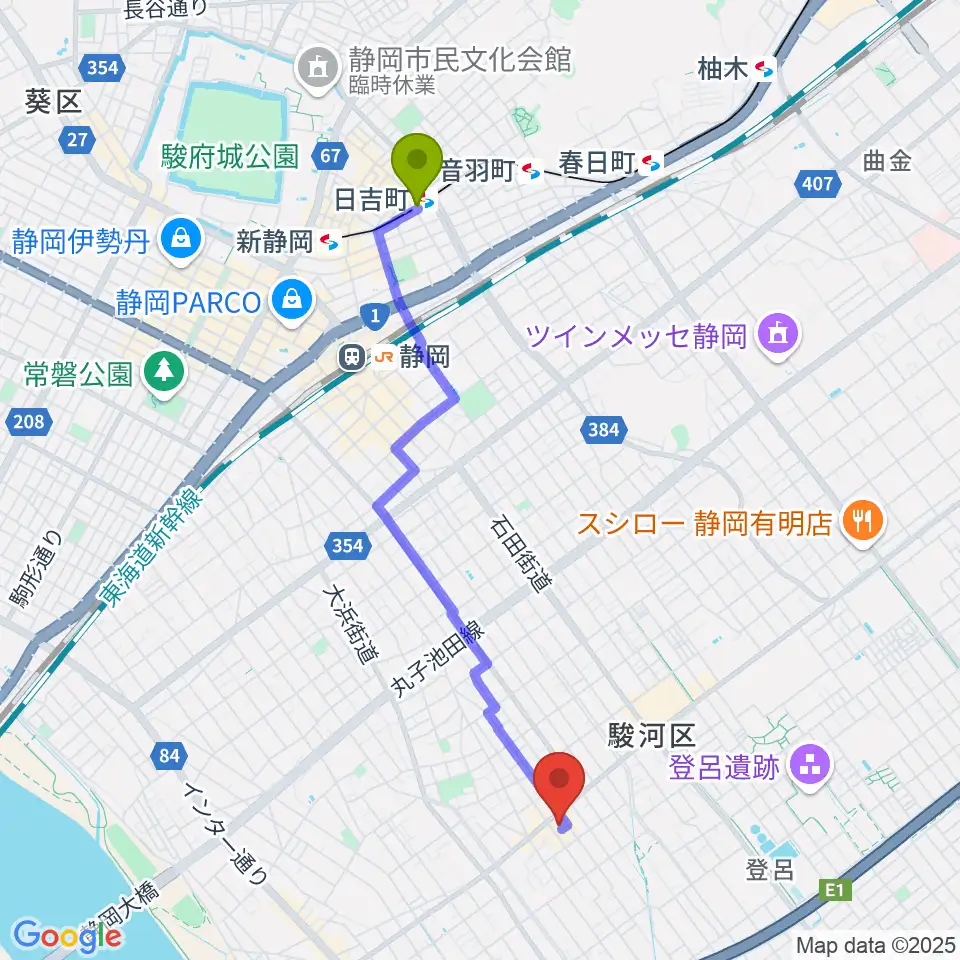 日吉町駅からすみやグッディSBS通り店へのルートマップ地図