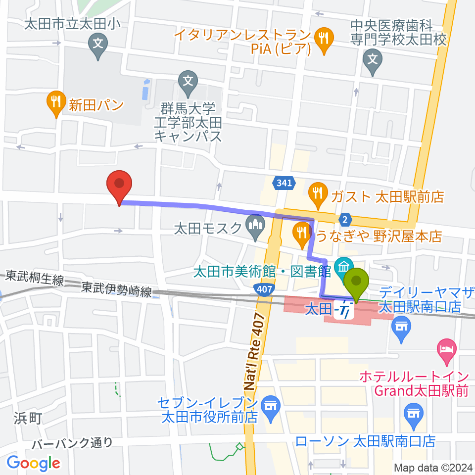 鈴木楽器 太田本町店の最寄駅太田駅からの徒歩ルート（約8分）地図