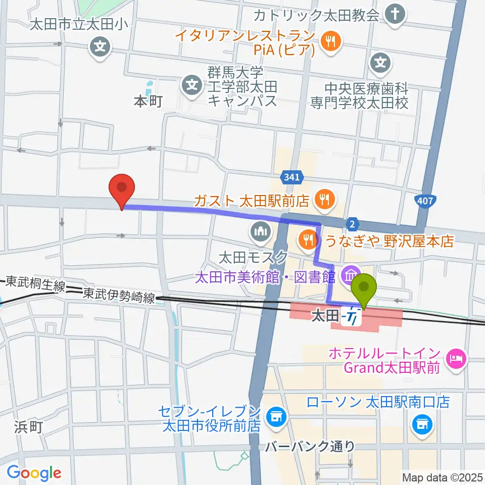 鈴木楽器 太田本町店の最寄駅太田駅からの徒歩ルート（約8分）地図