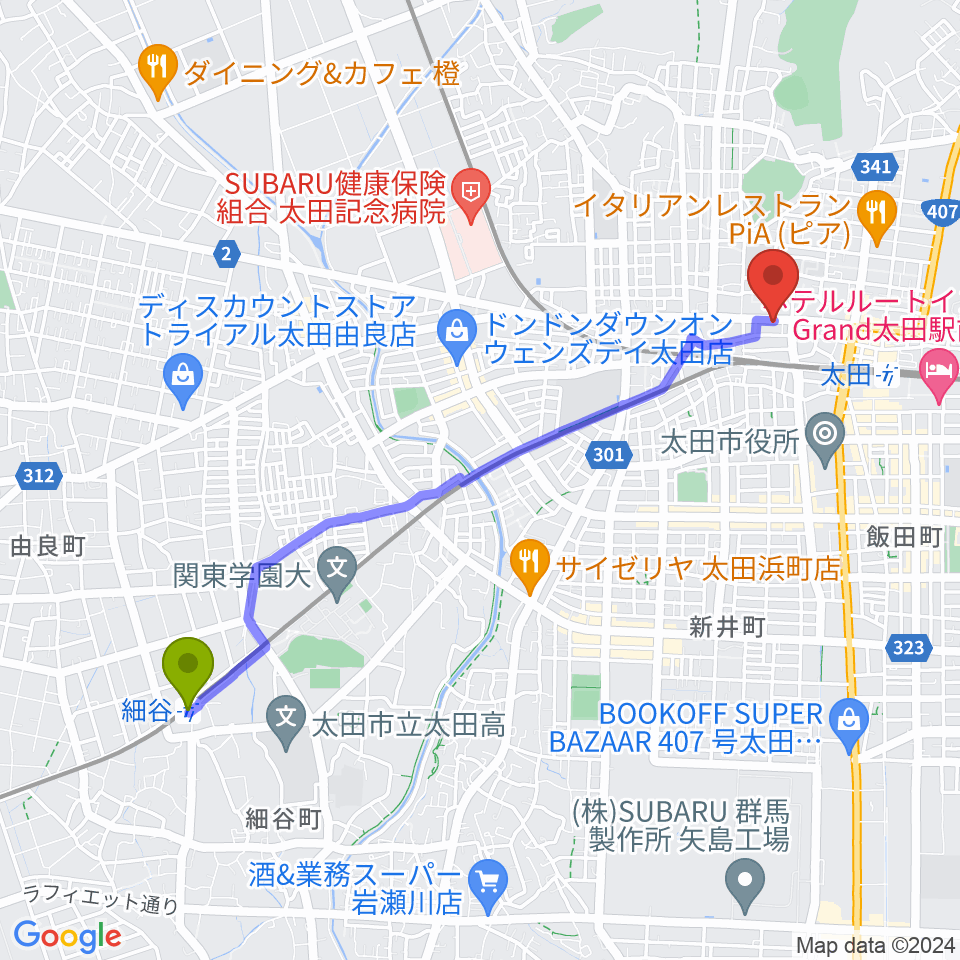 細谷駅から鈴木楽器 太田本町店へのルートマップ地図