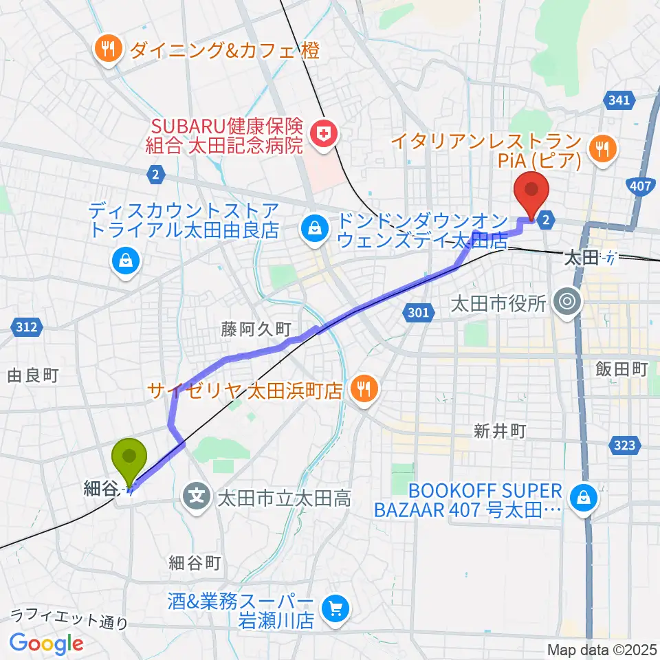 細谷駅から鈴木楽器 太田本町店へのルートマップ地図