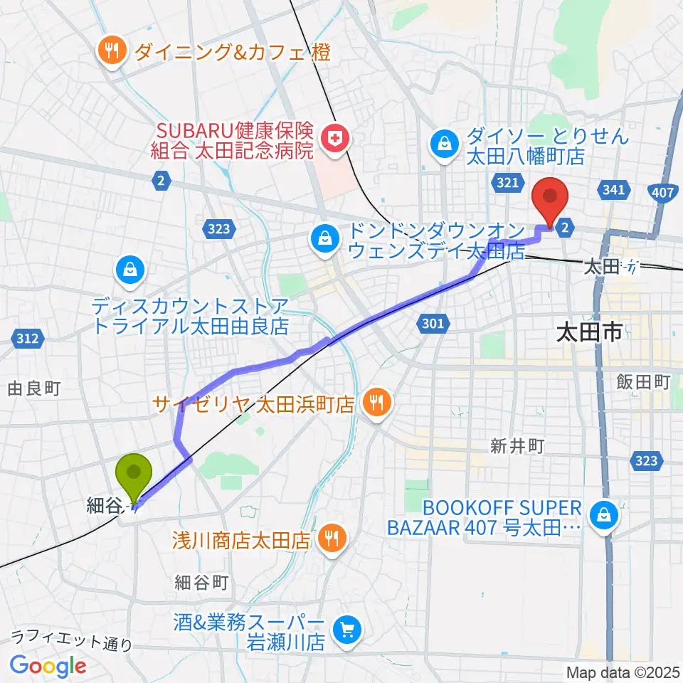 細谷駅から鈴木楽器 太田本町店へのルートマップ地図