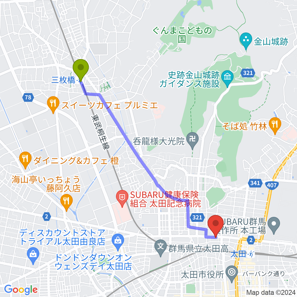 三枚橋駅から鈴木楽器 太田本町店へのルートマップ地図