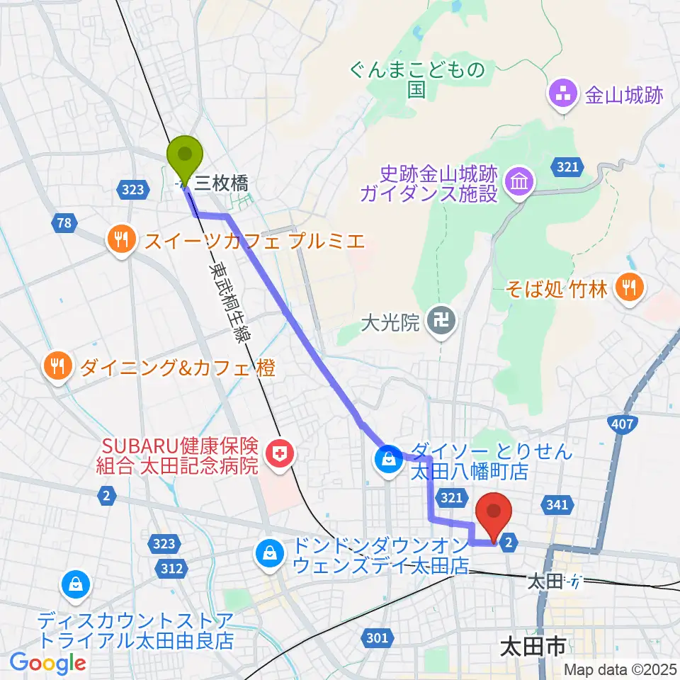 三枚橋駅から鈴木楽器 太田本町店へのルートマップ地図