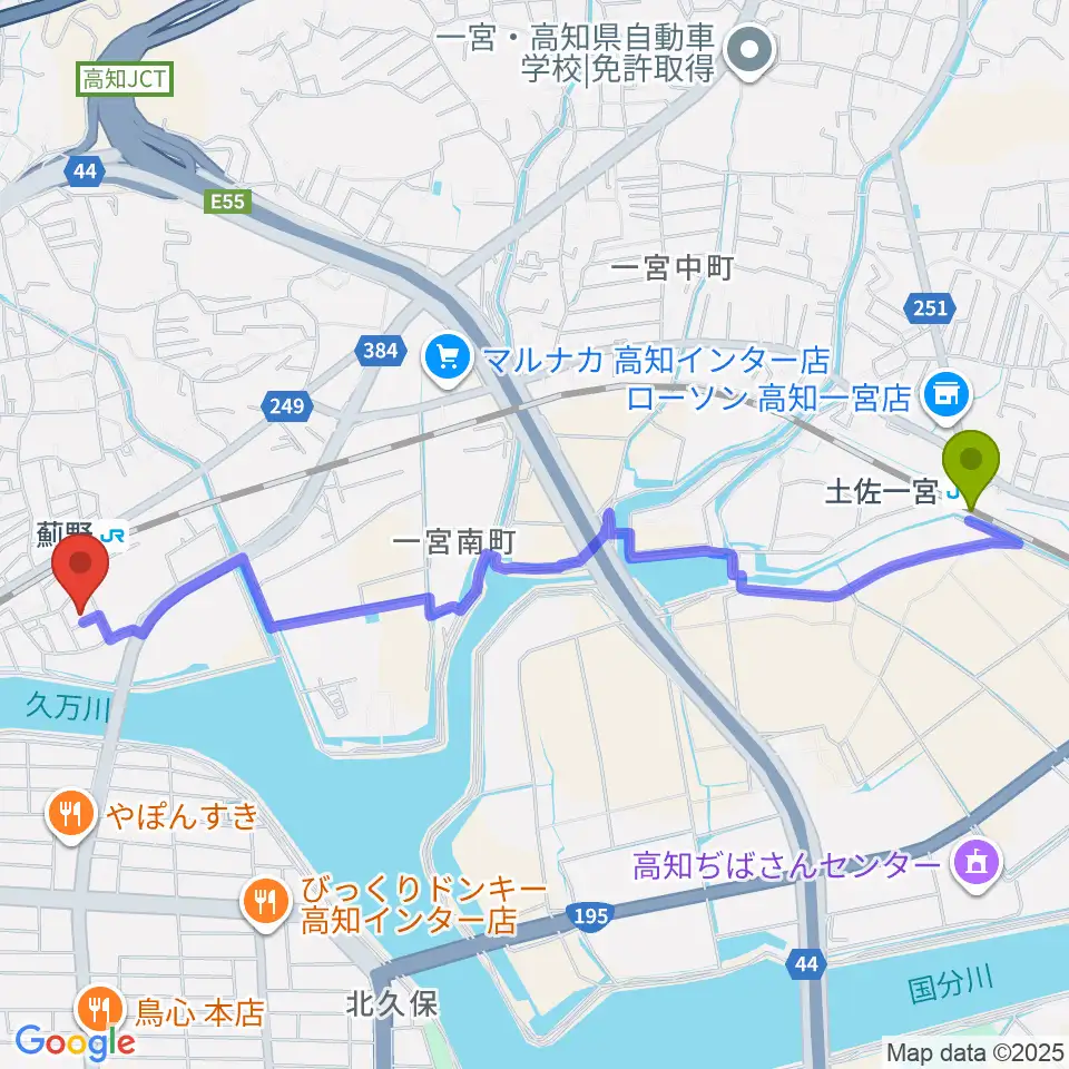 土佐一宮駅からタチバナ楽器へのルートマップ地図