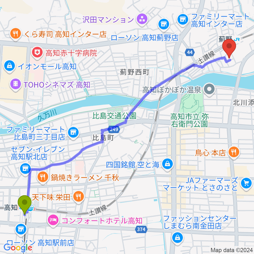 高知駅からタチバナ楽器へのルートマップ地図