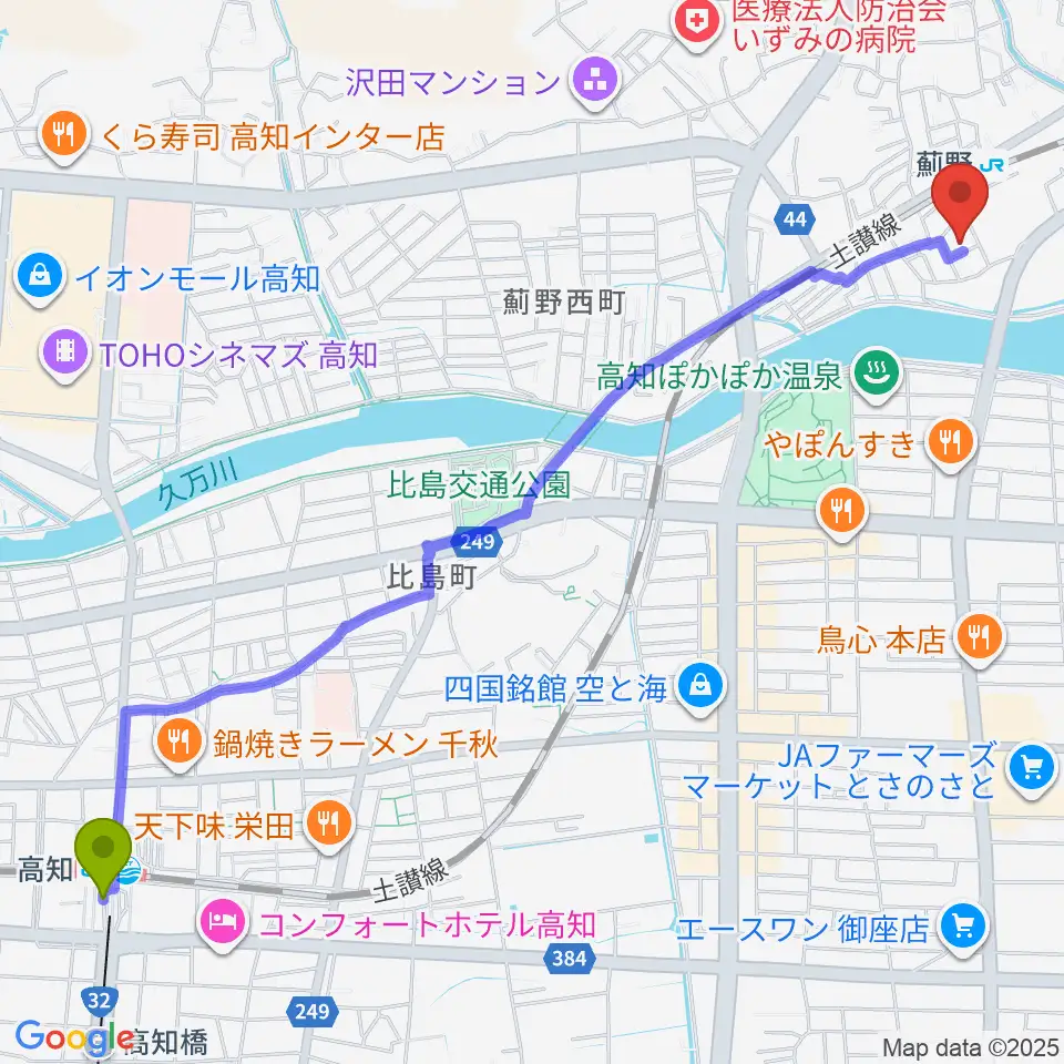 高知駅からタチバナ楽器へのルートマップ地図