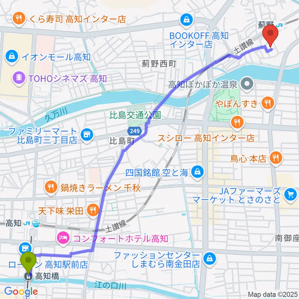 高知橋駅からタチバナ楽器へのルートマップ地図