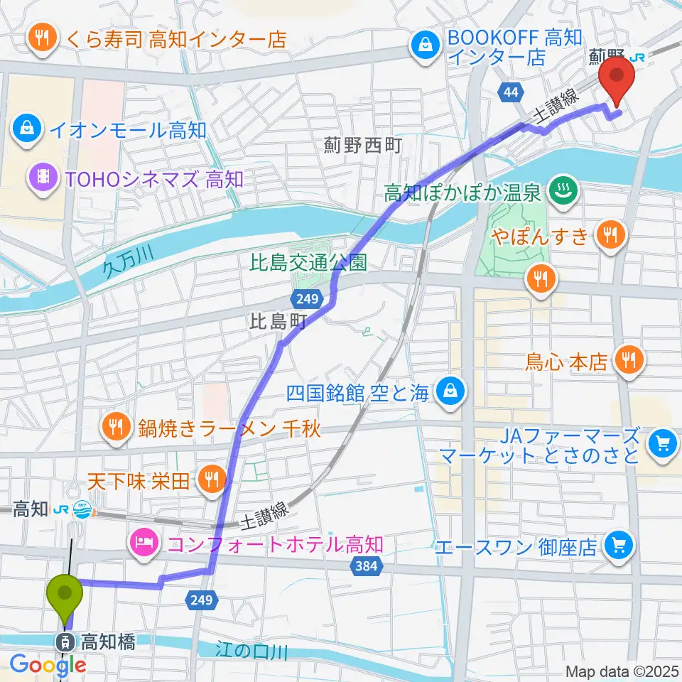 高知橋駅からタチバナ楽器へのルートマップ地図