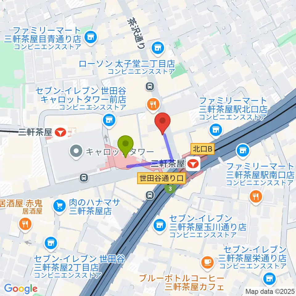 太子堂楽器店の最寄駅三軒茶屋駅からの徒歩ルート（約1分）地図