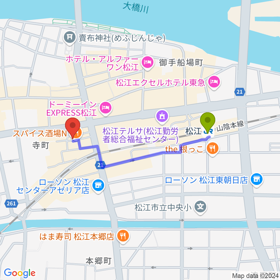 タカキ楽器店の最寄駅松江駅からの徒歩ルート（約8分）地図