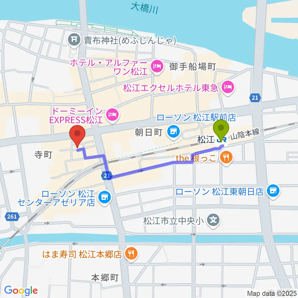 タカキ楽器店の最寄駅松江駅からの徒歩ルート（約8分）地図