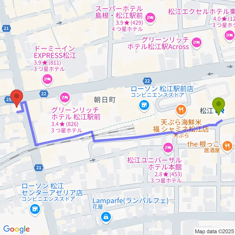 タカキ楽器店の最寄駅松江駅からの徒歩ルート（約7分）地図