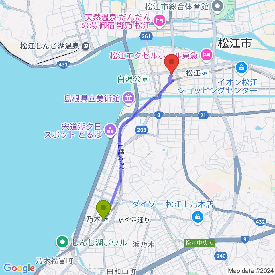 乃木駅からタカキ楽器店へのルートマップ地図