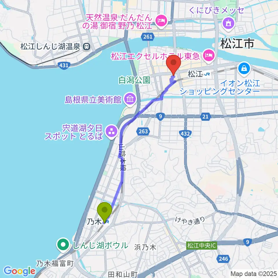 乃木駅からタカキ楽器店へのルートマップ地図