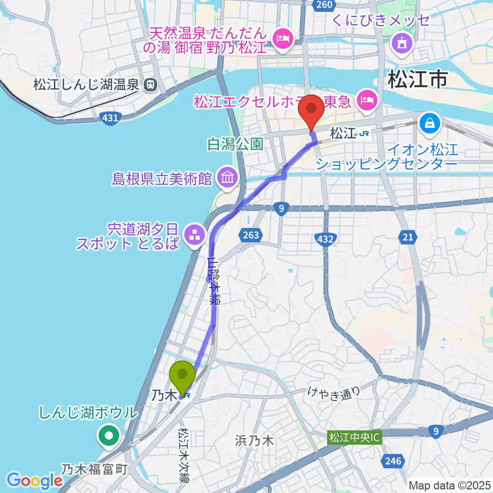 乃木駅からタカキ楽器店へのルートマップ地図