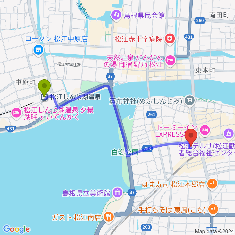 松江しんじ湖温泉駅からタカキ楽器店へのルートマップ地図