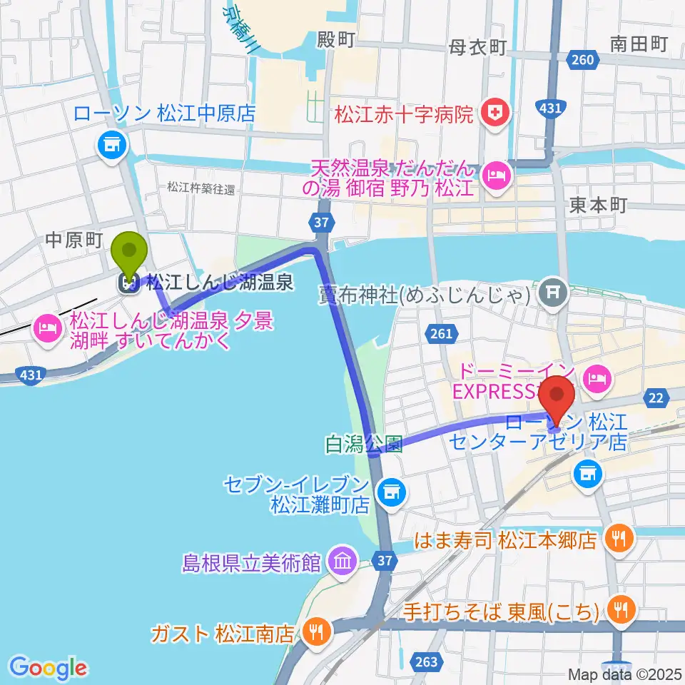 松江しんじ湖温泉駅からタカキ楽器店へのルートマップ地図