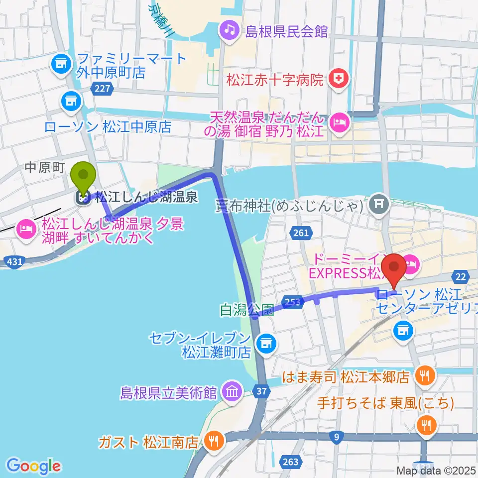 松江しんじ湖温泉駅からタカキ楽器店へのルートマップ地図
