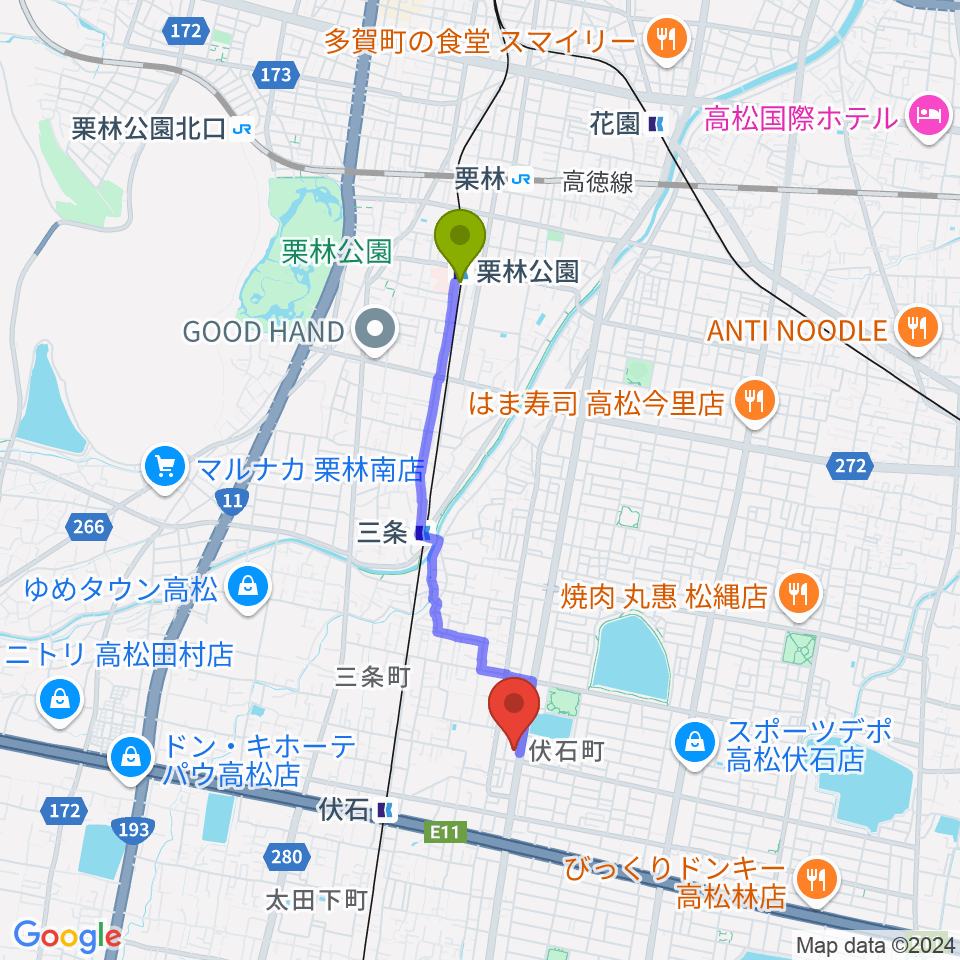 栗林公園駅からピアノギャラリーたかまつ楽器へのルートマップ地図